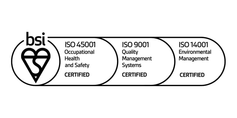 BSI ISO 45001 Occupational Health and Safety Management Certified, ISO 9001 Quality Management Certified, ISO 14001 Environmental Management Certified