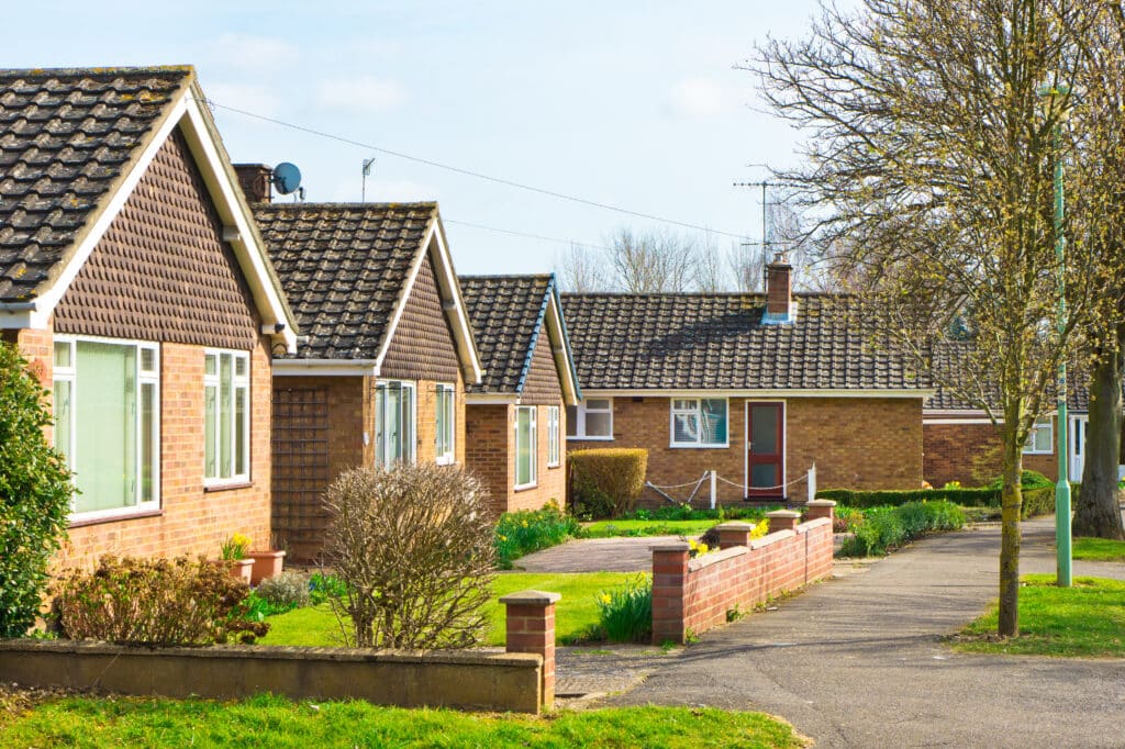 Bungalows in a suburban UK neighbourhood in spring